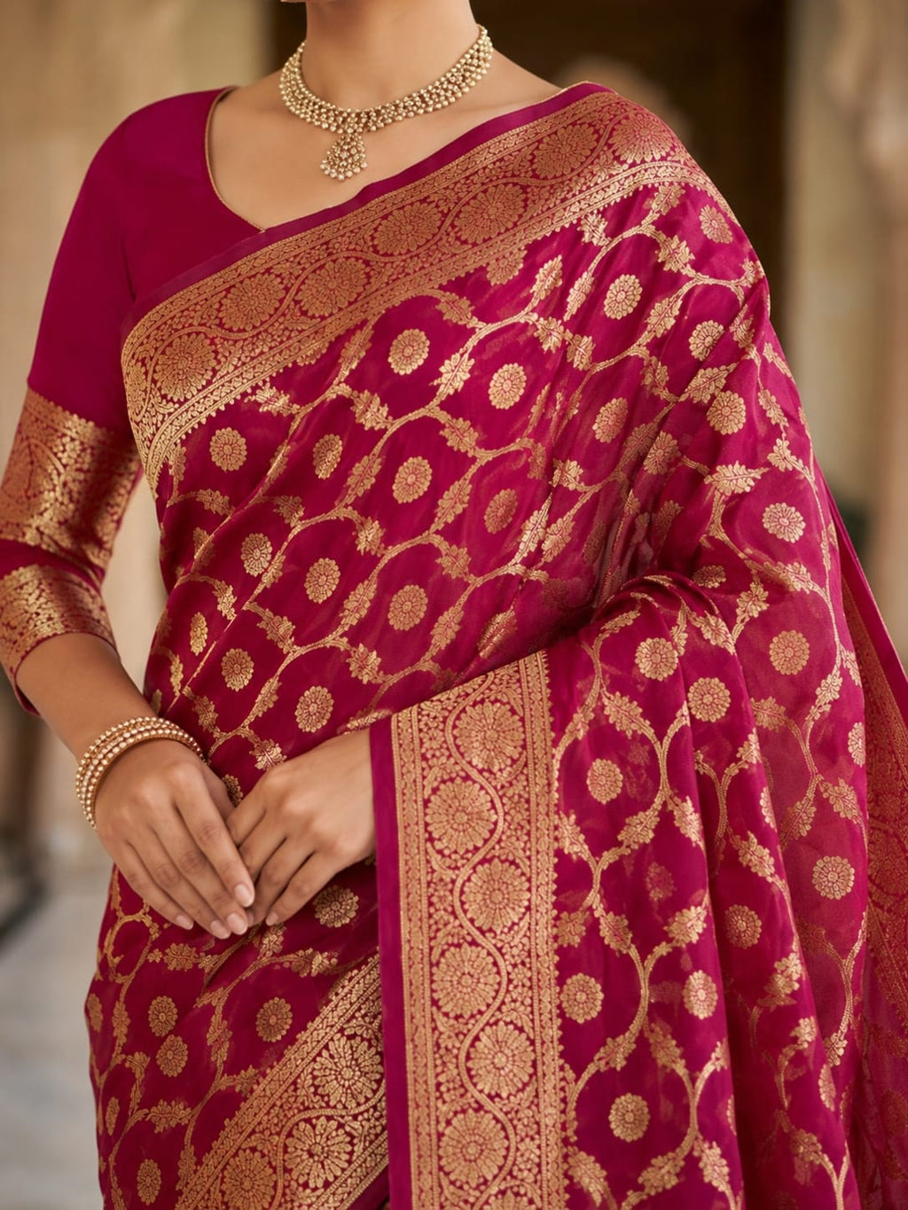 Organza Saree with Rich Zari Border & Blouse Piece