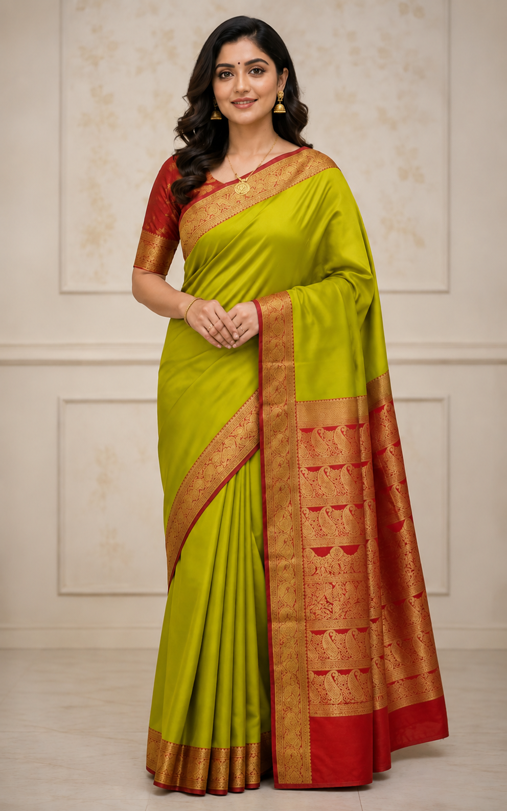 Lime Green Satin Saree with Red & Gold Zari Border