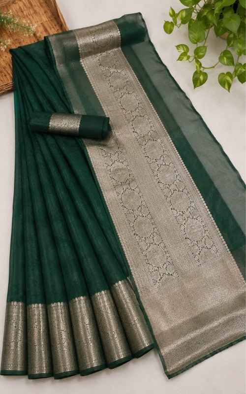 Dark Green Organza Saree with Zari Border & Blouse