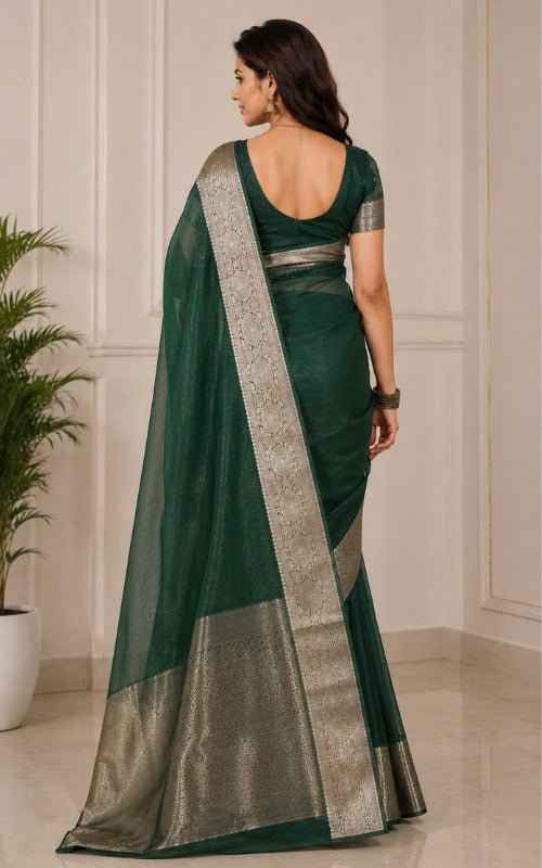 Dark Green Organza Saree with Zari Border & Blouse