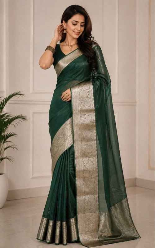 Dark Green Organza Saree with Zari Border & Blouse