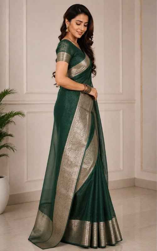 Dark Green Organza Saree with Zari Border & Blouse