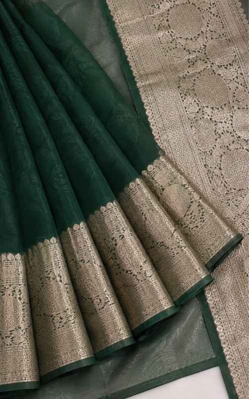 Dark Green Organza Saree with Zari Border & Blouse