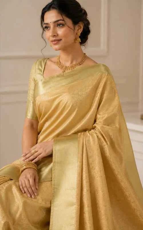 Golden Tissue Saree with Woven Design - MAU NAQSH