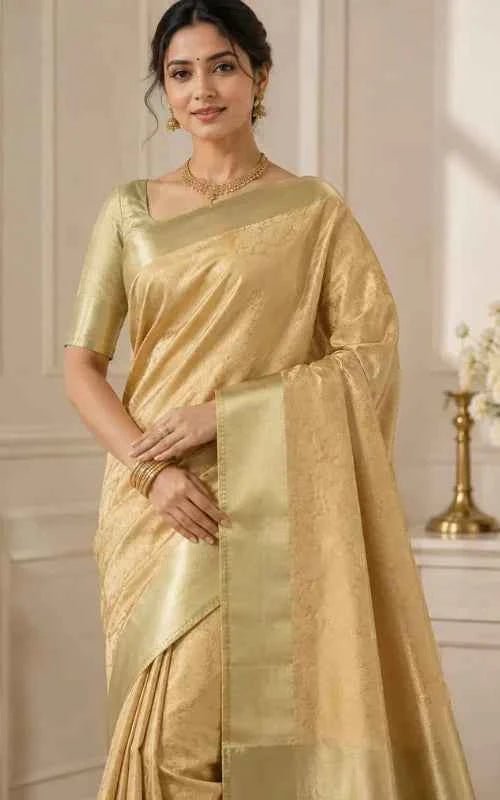 Golden Tissue Saree with Woven Design - MAU NAQSH