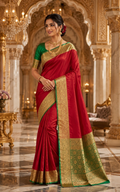 Red Satin Saree with Green & Gold Border