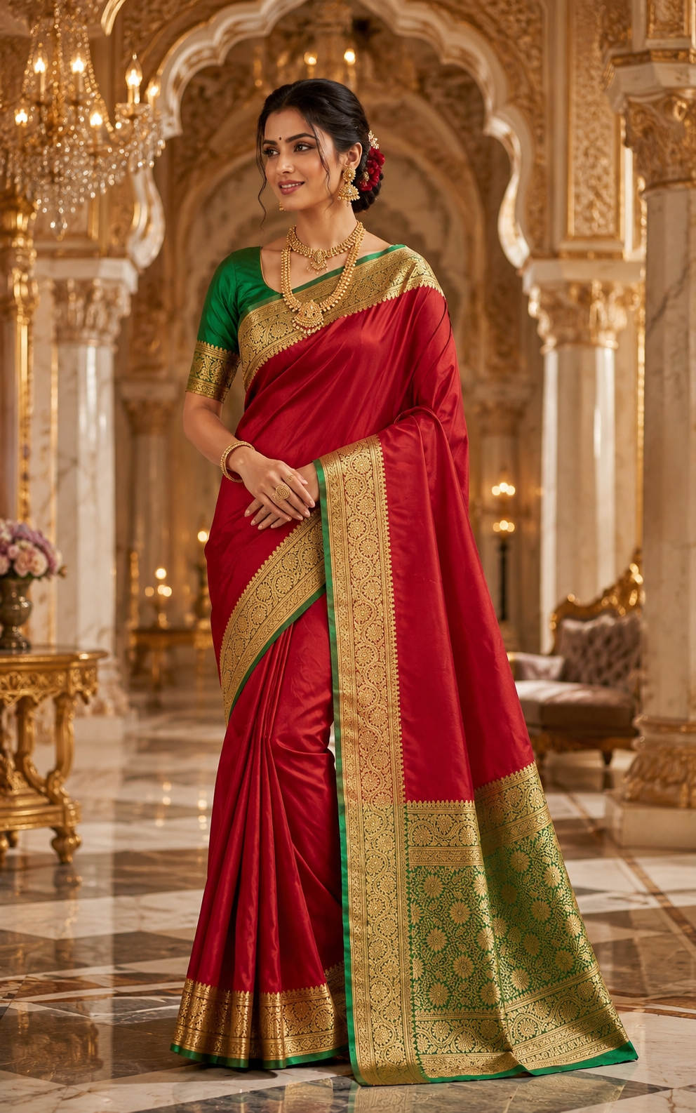 Red Satin Saree with Green & Gold Border