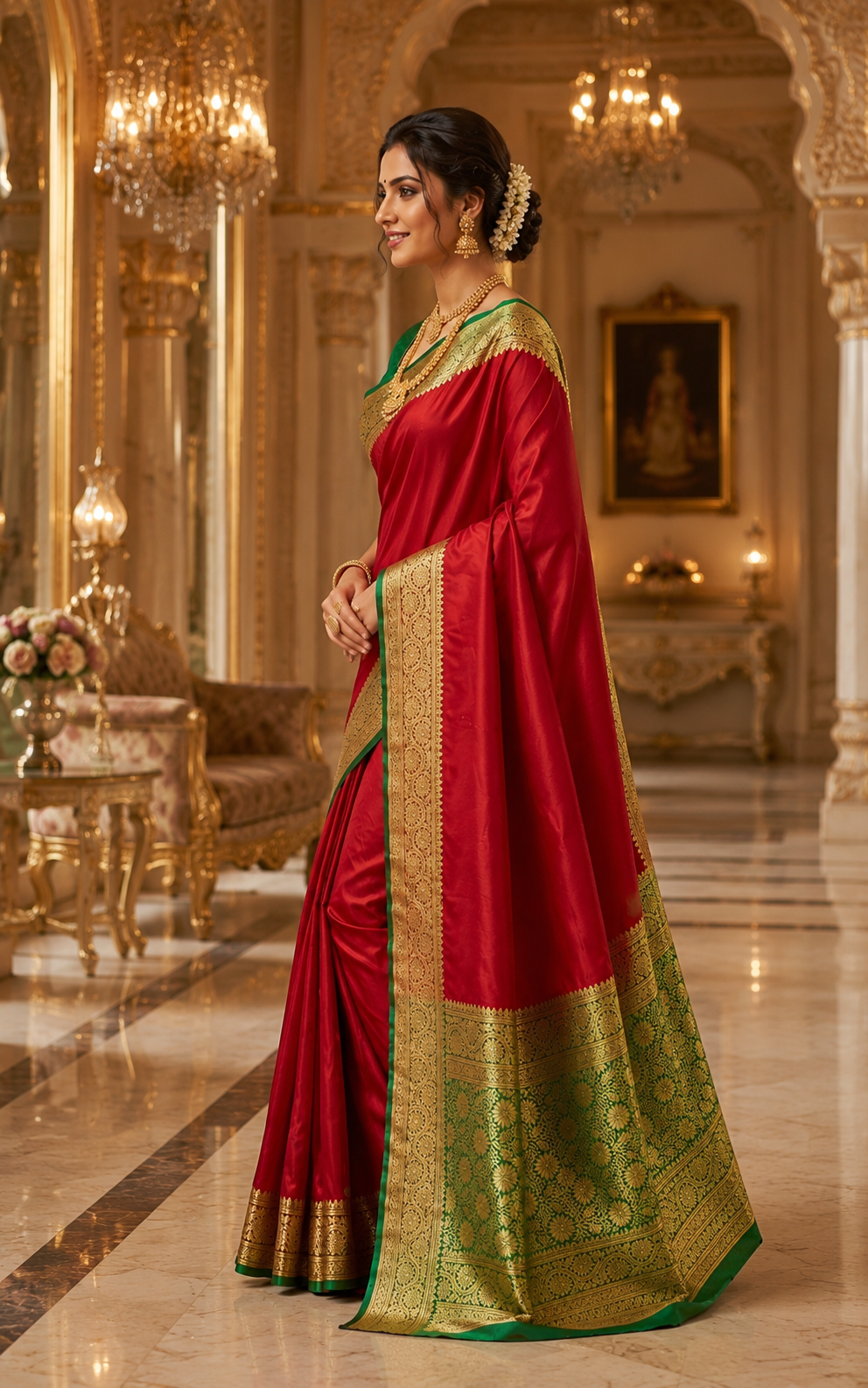 Red Satin Saree with Green & Gold Border