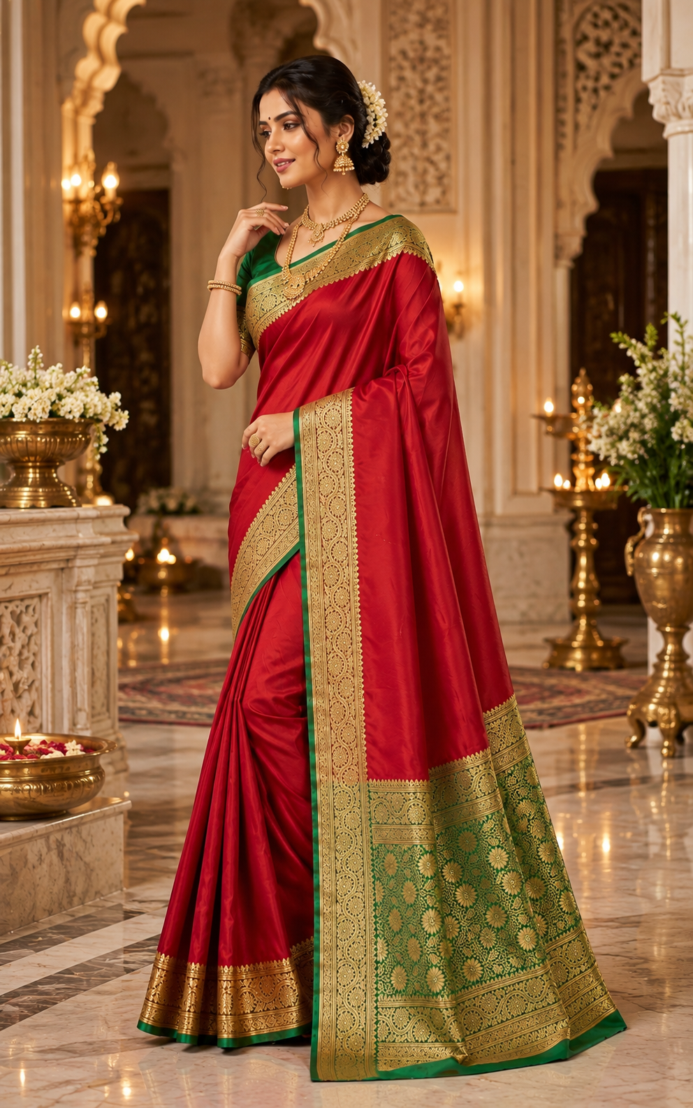 Red Satin Saree with Green & Gold Border