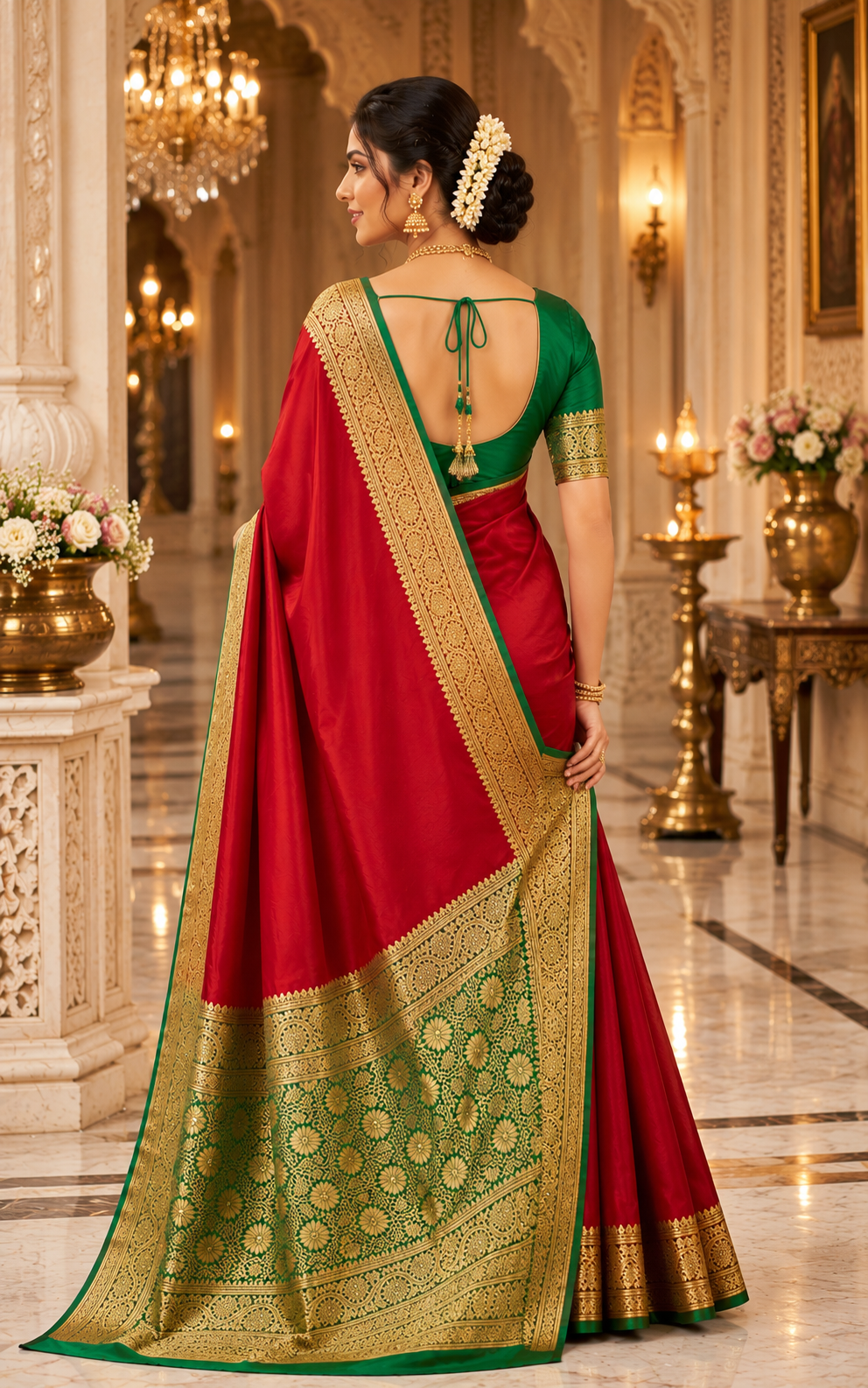 Red Satin Saree with Green & Gold Border