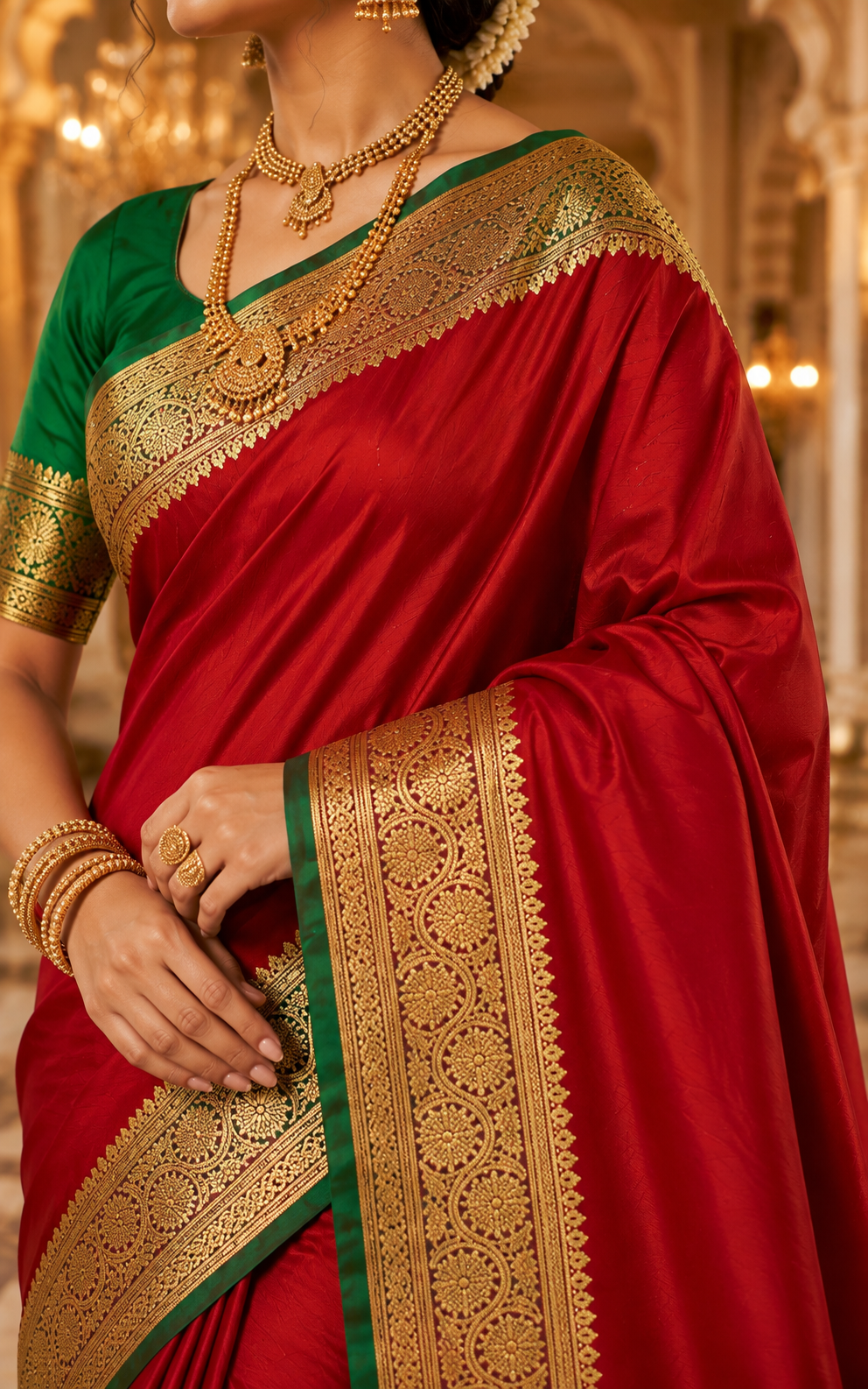 Red Satin Saree with Green & Gold Border
