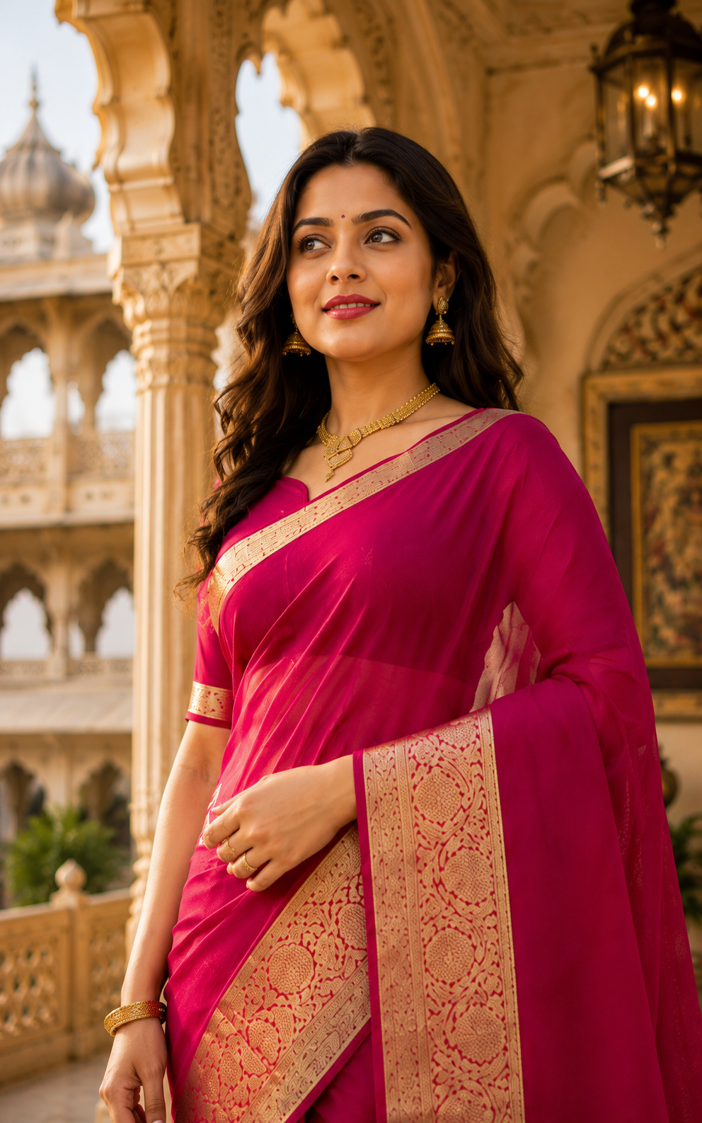 Rani Pink Organza Saree with Gold Zari Border
