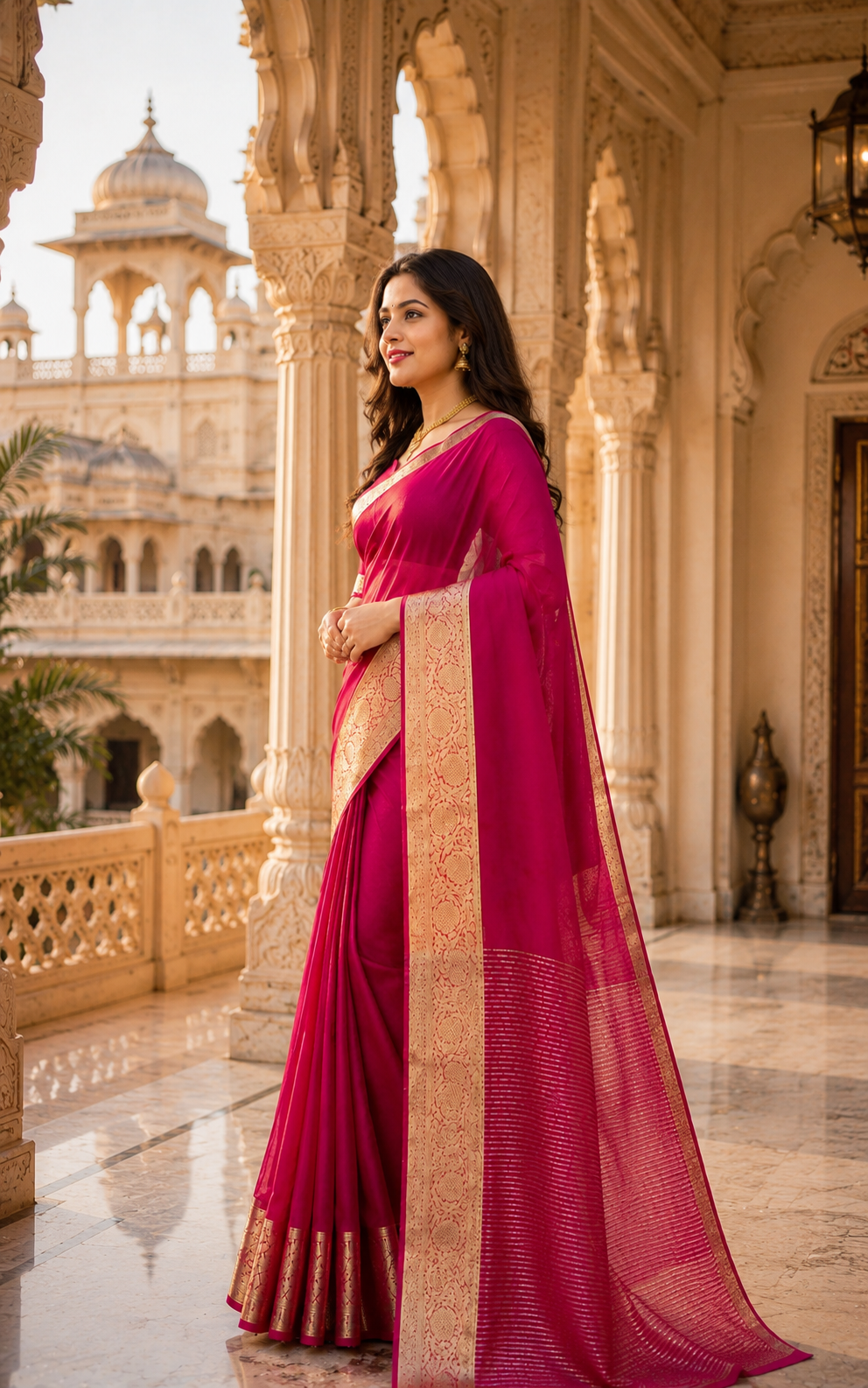 Rani Pink Organza Saree with Gold Zari Border