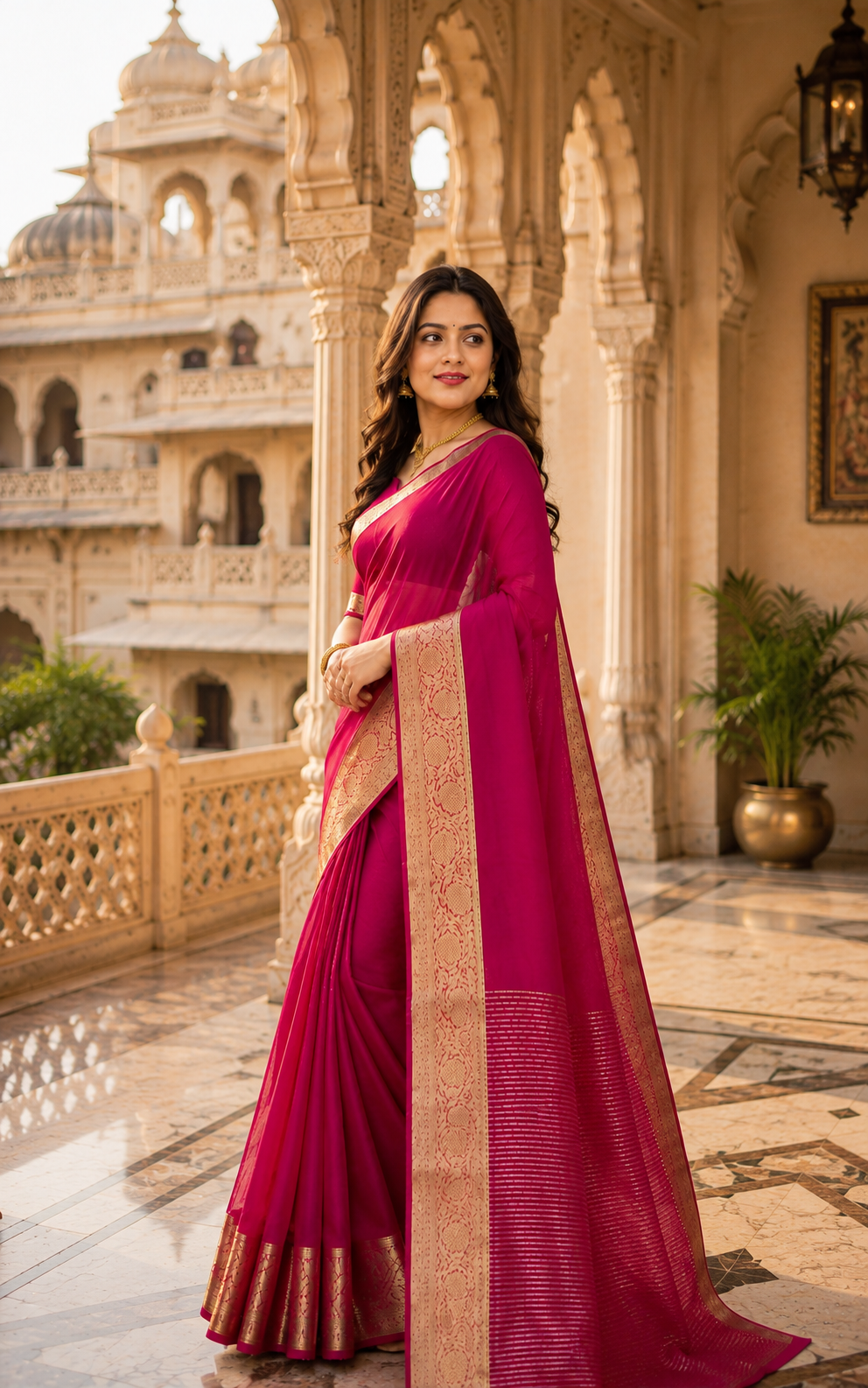 Rani Pink Organza Saree with Gold Zari Border