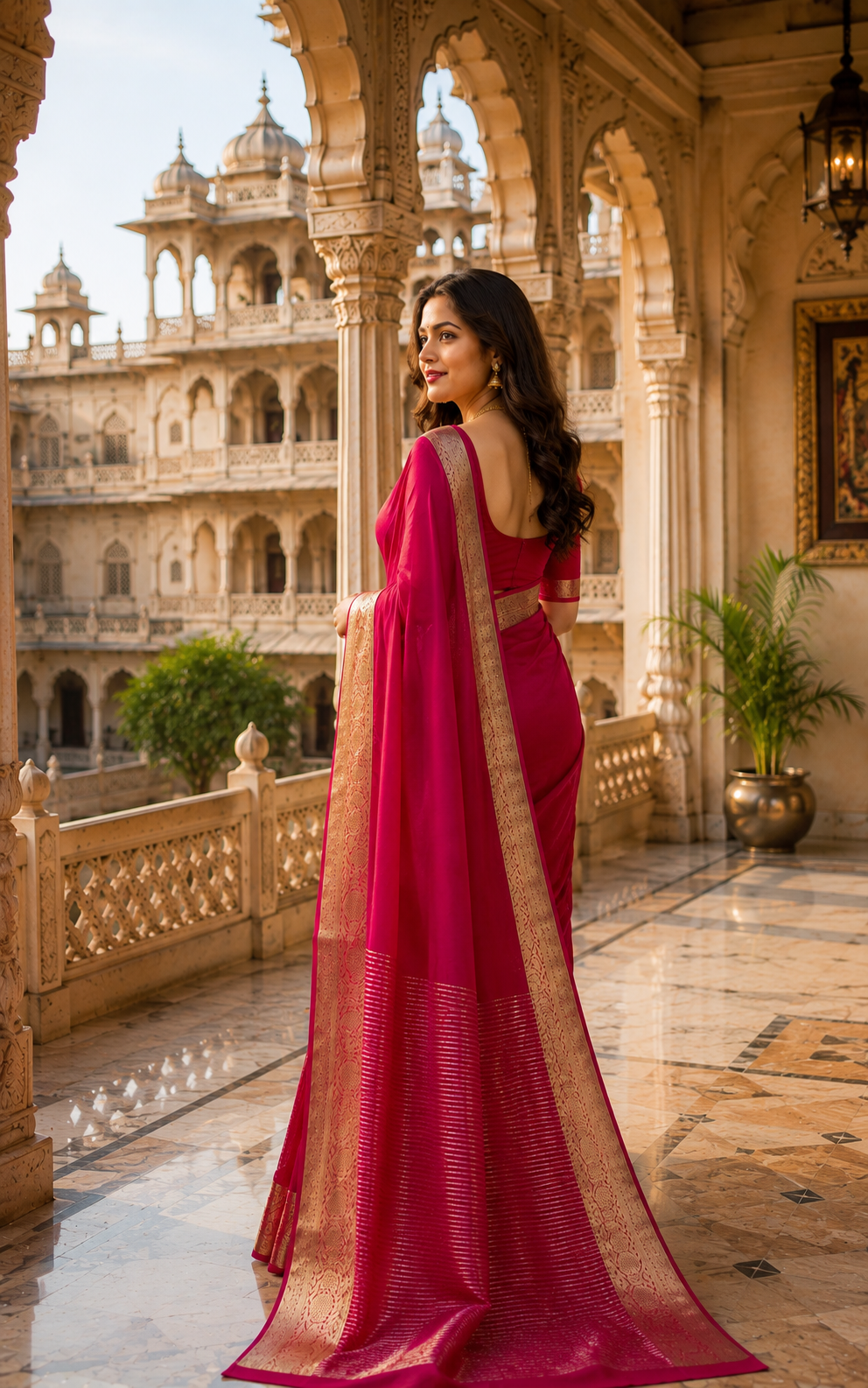 Rani Pink Organza Saree with Gold Zari Border