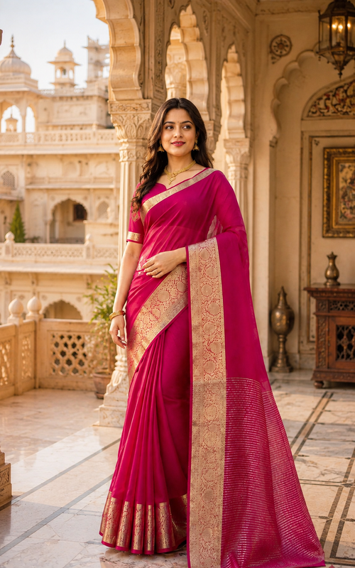Rani Pink Organza Saree with Gold Zari Border