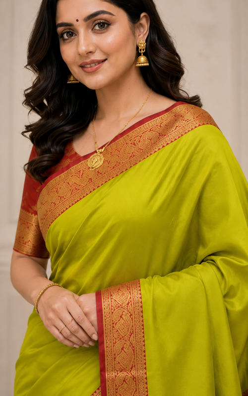 Lime Green Satin Saree with Red & Gold Zari Border