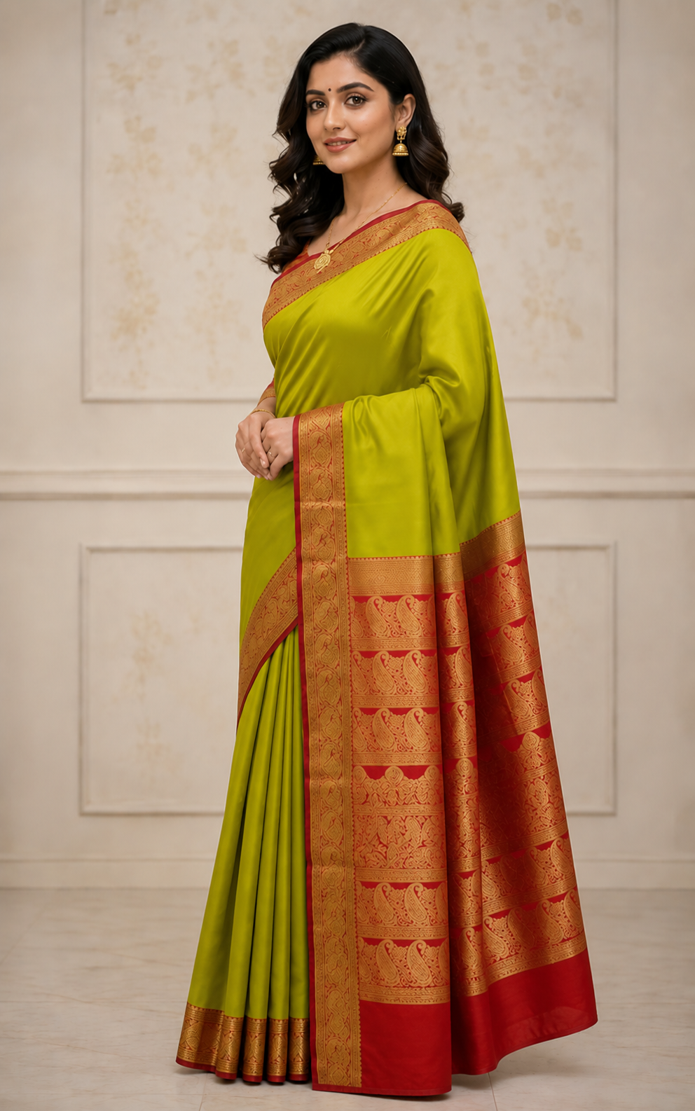 Lime Green Satin Saree with Red & Gold Zari Border