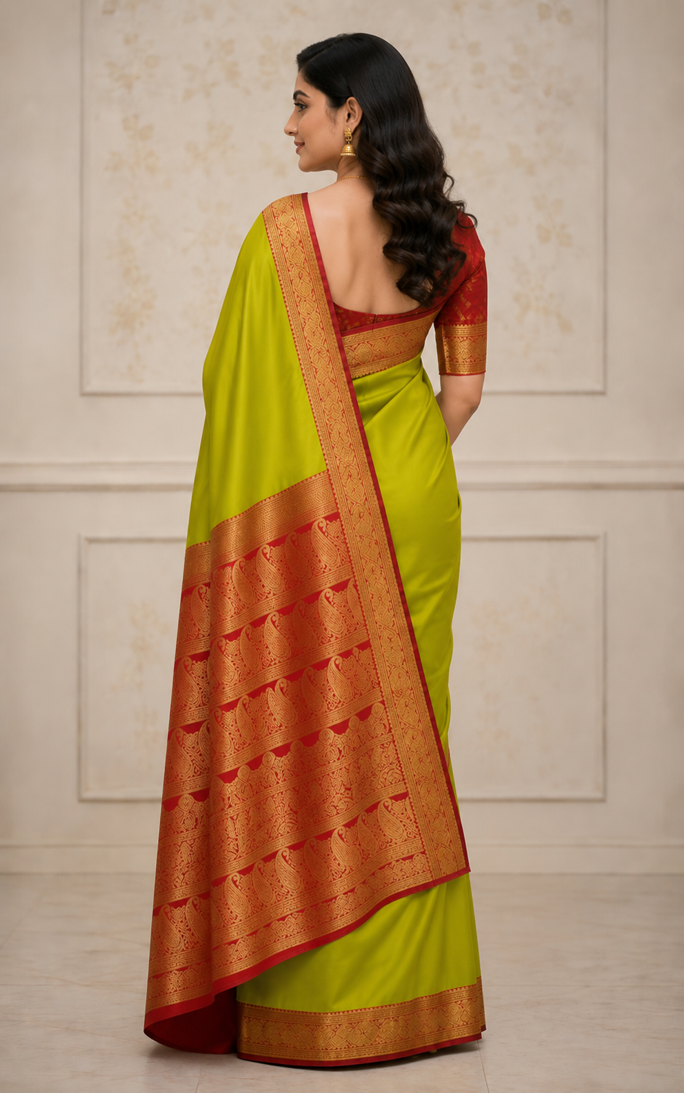 Lime Green Satin Saree with Red & Gold Zari Border