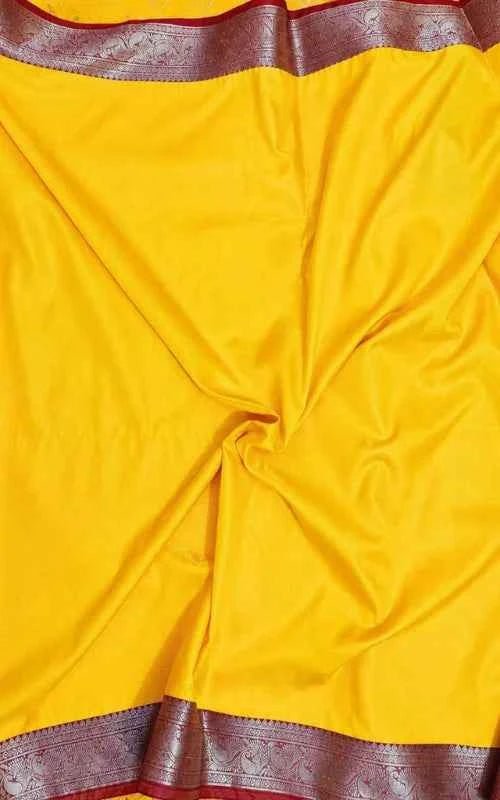 Yellow Plain Satin Saree - MAU NAQSH