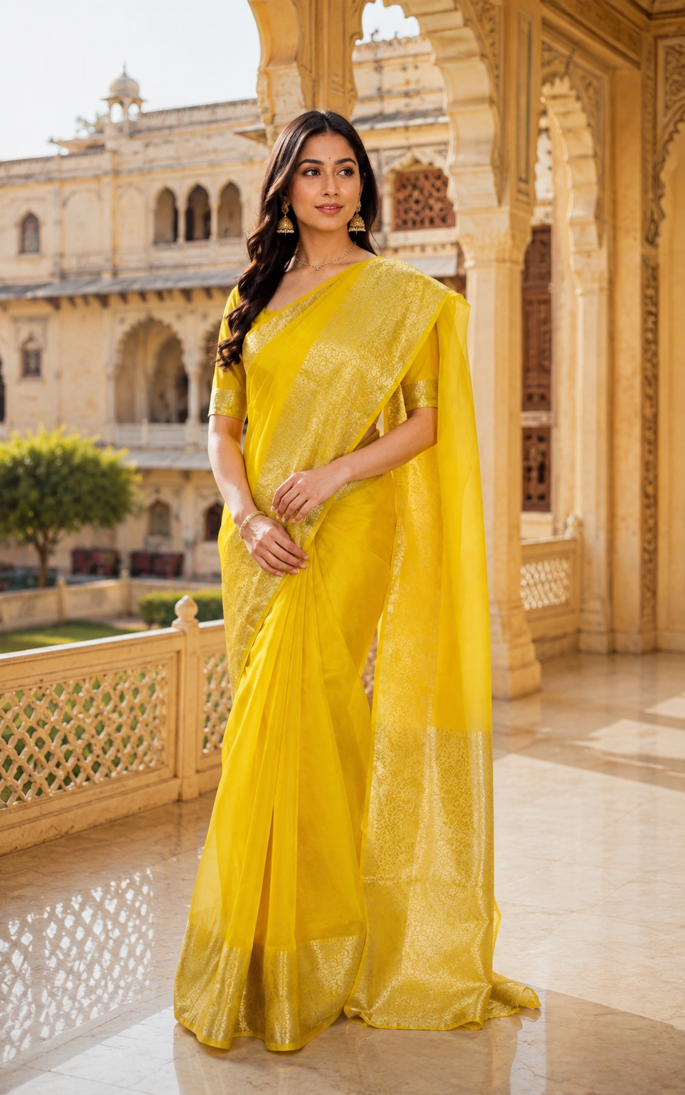 Yellow Organza Saree with Gold Zari Border