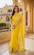 Yellow Organza Saree with Gold Zari Border