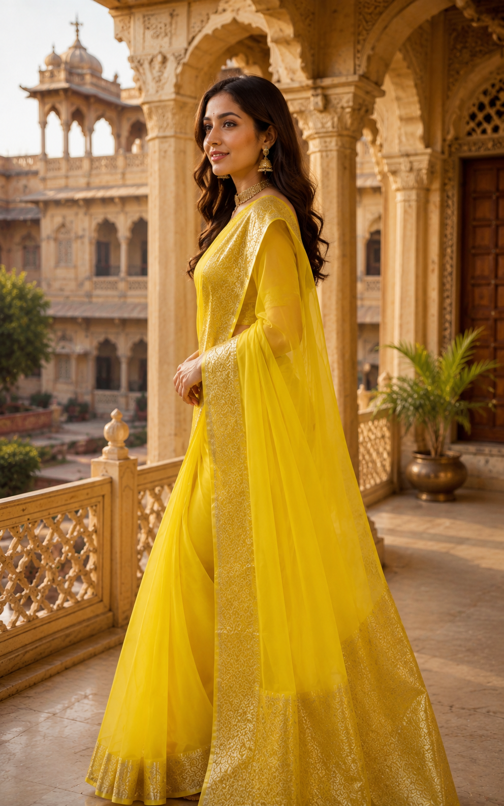 Yellow Organza Saree with Gold Zari Border