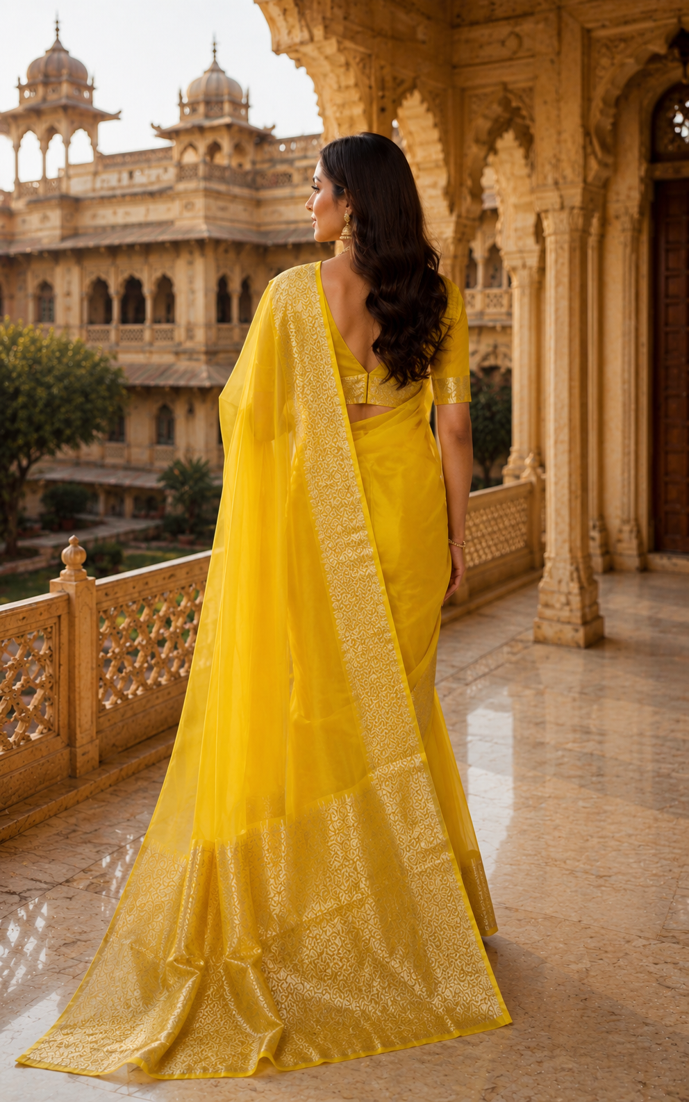 Yellow Organza Saree with Gold Zari Border