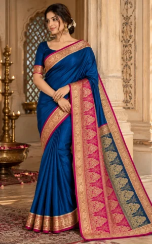 Petrol Blue Plain Satin Saree